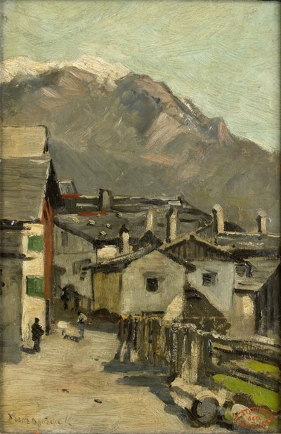 Casas a lo largo de una carretera cerca de una montaña (¿Innsbruck?) de Geo Poggenbeek