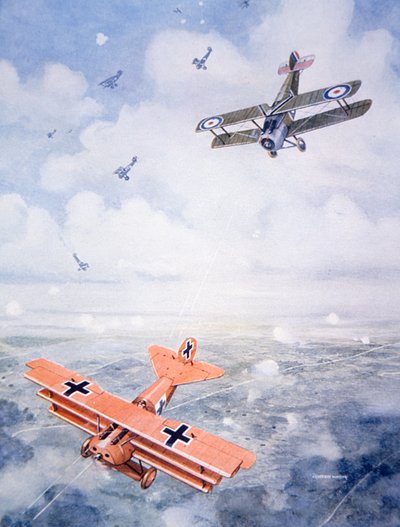 El último vuelo del Capitán Barón von Richthofen, c.1920 (litografía en color) de Geoffrey (after) Watson