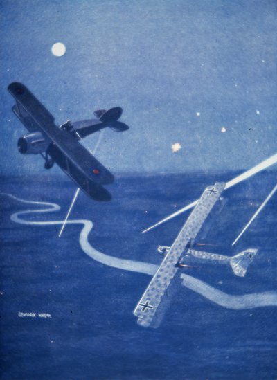 Un caza Bristol ataca a un bombardero alemán Gotha sobre Londres de noche (litografía en color) de Geoffrey Watson