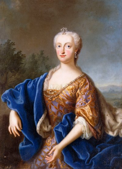 Retrato de María Amalia, de pie de tres cuartos, con un vestido bordado (óleo sobre lienzo) de Georg (circle of) Desmarees