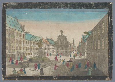 Gezicht op de wijnmarkt te Augsburgo Perspectiva del mercado del vino hasta Saltz Stadel hacia S. Ulrich hasta Augspurg (título sobre el objeto) de Georg Balthasar Probst (possibly)