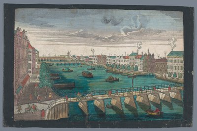 Vista del Binnen-Amstel entre el Blauwbrug y el Hogesluis en Amsterdam Die Amstel von innen nach der blauen Brücke gegen der Wasser Schleuße zu Amsterdam (título sobre el objeto) de Georg Balthasar Probst