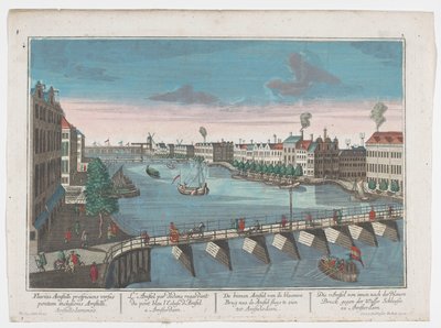 Vista del Binnen-Amstel entre el Blauwbrug y el Hogesluis en Amsterdam Die Amstel von innen nach der blauen Brücke gegen der Wasser Schleuße zu Amsterdam (título sobre el objeto) Ámsterdam (título de la serie) de Georg Balthasar Probst