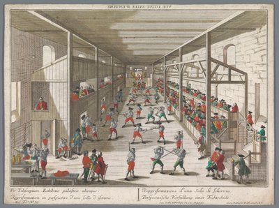 Vista de una escuela de esgrima Perspectivische Vorstellung einer Fechtschule (título sobre el objeto) Escuelas de torneos y esgrima (título de la serie) de Georg Balthasar Probst