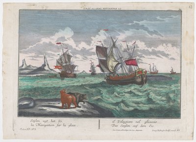 Vista de los barcos que navegan en el mar de hielo Das Seeglen auf dem Eis (título sobre el objeto) Caza de ballenas en Groenlandia (título de la serie) de Georg Balthasar Probst