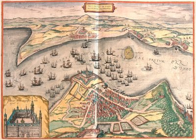 Helsingor, danés - Helsingborg, sueco - en "Civitates Orbis Terrarum" de Georg Braun, Colonia 1617 de Georg Braun