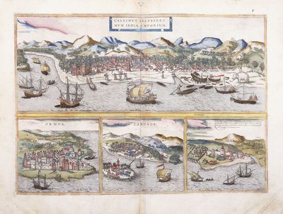 Vista de Calcuta, India, y debajo vistas más pequeñas de Ormuz en la entrada del Golfo Pérsico, Canonor en India, y la fortaleza portuguesa de El Mina en África Occidental, 1572 de Georg Braun