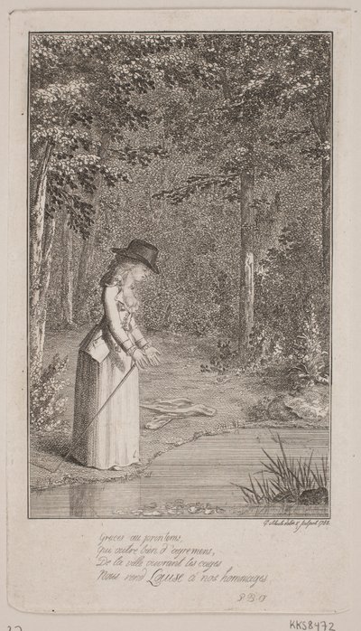Una joven dama de pie en un bosque junto a la orilla del agua de Georg Christian Schule