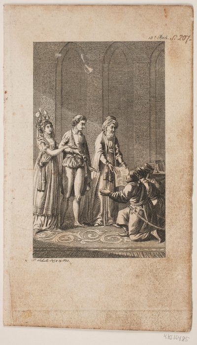 Ilustración con una pareja joven con un oriental y tres soldados turcos arrodillados de Georg Christian Schule