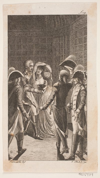 Ilustración con cinco militares y una dama de Georg Christian Schule