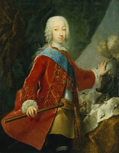Retrato de un caballero, probablemente el Gran Duque Pedro Fedorovich, luego Zar Pedro III, de pie tres cuartos de longitud, con una chaqueta roja bordada, coraza y la insignia de Santa Ana, sosteniendo un bastón, su mano descansando sobre un casco en una  de Georg Christoph Grooth