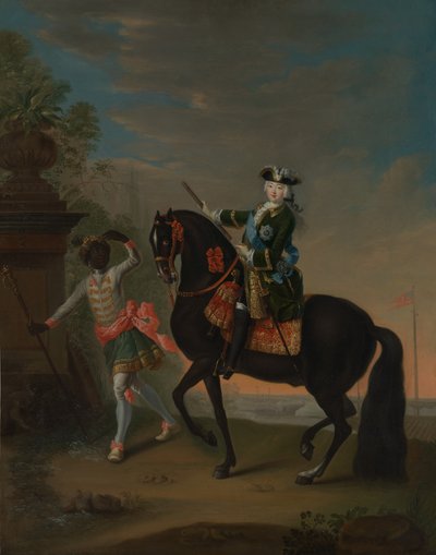 La emperatriz Isabel de Rusia 1709-1762 a caballo, atendida por un paje, después de 1743-49 de Georg Cristoph Grooth