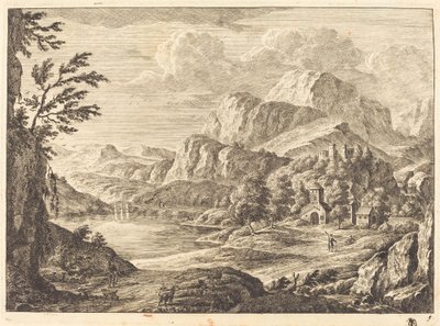 Paisaje montañoso con un castillo en ruinas y un puente arqueado en la distancia de Georg Eisenmann