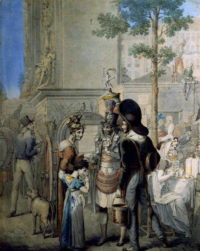 Vendedor de cocos en Porte Saint Denis en París. Antigua tienda de comerciantes vendiendo copas de coco en las calles de París. Dibujo de George Emanuel Opitz, París. Museo Carnavalet de Georg Emanuel Opitz