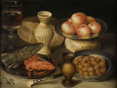 Bodegón con jarra de gres de Siegburg, vaso, cuchillo, dos panes, principios del siglo XVII de Georg Flegel