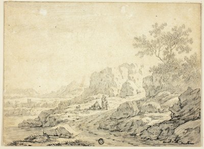 Paisaje rocoso con figuras y perro en el camino de Georg Friedrich Dietzsch