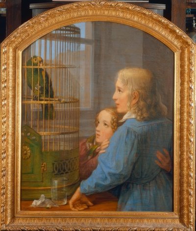 Dos niños frente a una jaula de loros de Georg Friedrich Kersting
