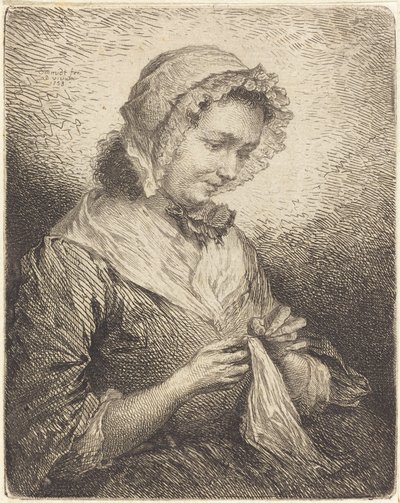 La esposa del artista cosiendo de Georg Friedrich Schmidt