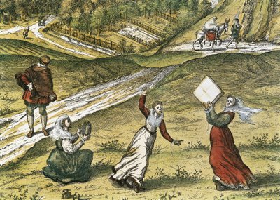 Bailarines andaluces. Detalle de Granada, en el volumen I "Civitatis Orbis Terrarum" (Thetraum orbis terrarum). Grabado en colores de Abraham Ortelius (1527-1598), George Braun (1541-1622) y Franz Hogenberg (1535-1590), publicado en 1572-1617. Archivo hist de Georg Hogenberg Franz and Ortelius Abraham Braun