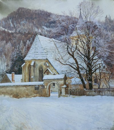 Invierno en Rosenthal cerca de Kapellen (Estiria) con una antigua iglesia gótica de Georg Holub
