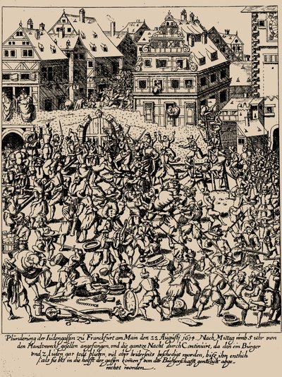 El Levantamiento de Fettmilch. El saqueo del Judengasse en Frankfurt el 22 de agosto de 1614, c. 1616-1617 de Georg Keller
