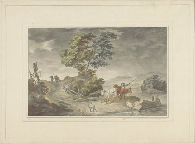 Paisaje de colinas con pastores y excursionistas en cielos amenazantes de Georg Lamprecht (possibly)