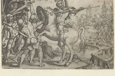 Horace Cocles defiende el puente sobre el Tíber
Cuentos de la historia romana temprana (título de la serie) de Georg Pencz