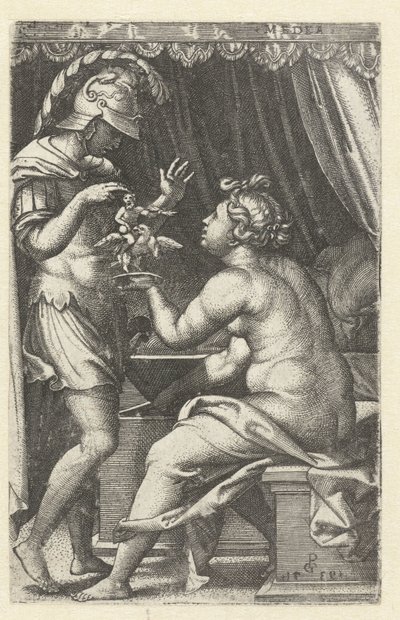 Medea le da a Jason la imagen de Ganímedes con un águila Medea le devuelve el Penaten a Jason Medea (título sobre objeto) heroínas griegas (título de la serie) de Georg Pencz