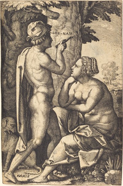 París escribiendo palabras de amor a Enone de Georg Pencz