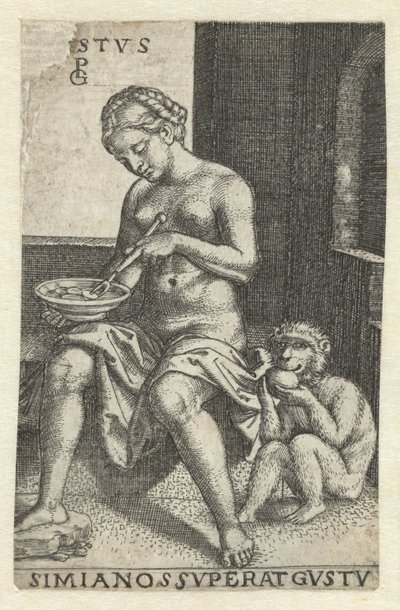 Gusto (Gustus)
Gvstvs simia nos svperat gvstv (título en el objeto)
Cinco Sentidos (título de la serie) de Georg Pencz