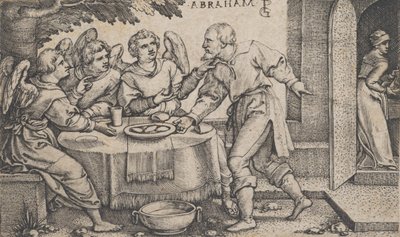 Los tres ángeles visitando a Abraham, de La historia de Abraham de Georg Pencz