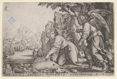 Tobiolus atrapa el pez, de La historia de Tobías, 1543 de Georg Pencz