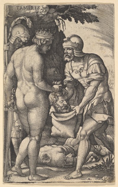 Tomiris, mostrada desnuda de espaldas, colocando la cabeza de Ciro en un saco sostenido por un soldado de Georg Pencz