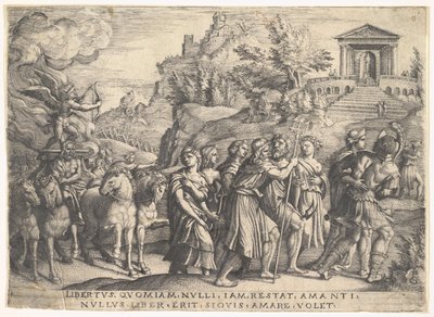 Triunfo del amor: cuatro caballos tiran de un carruaje con Cupido de pie sobre una plataforma humeante, ca. 1539 de Georg Pencz