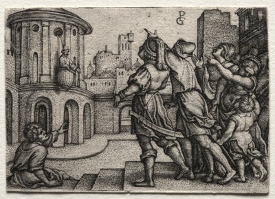 Virgilio colgando en una cesta, c. 1541-42 de Georg Pencz