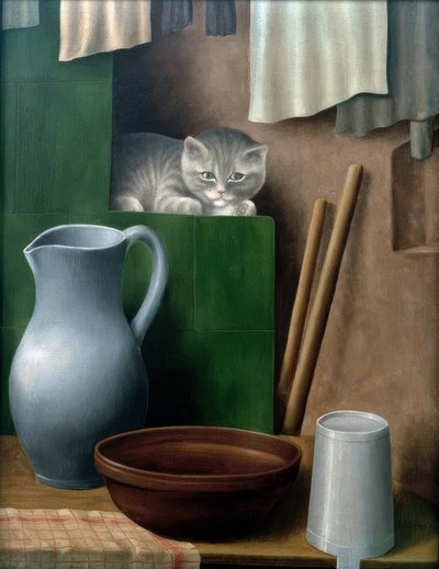 Naturaleza muerta con gato (Rincón del horno) de Georg Schrimpf