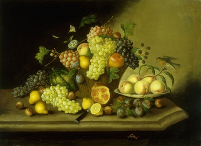 Naturaleza muerta con una cesta de uvas y frutas variadas en un borde de piedra de Georg Seitz