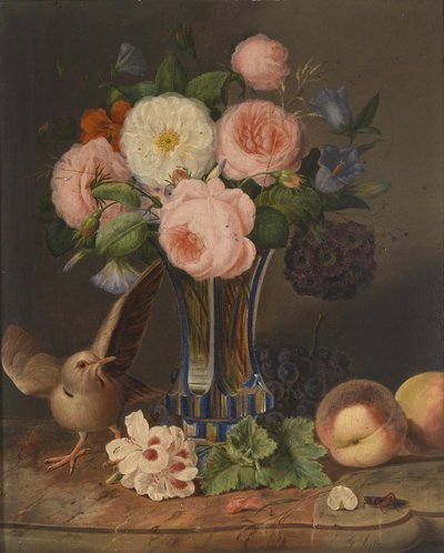Un bodegón de flores con un pájaro y un saltamontes de Georg Seitz
