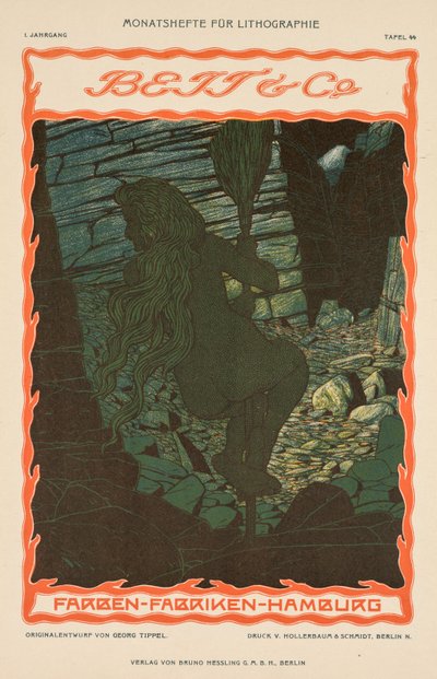 Mujer desnuda en un palo de escoba (de la serie de anuncios para telas de colores, Beit & Co., Hamburgo) de Georg Tippel