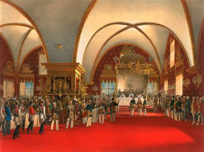 Banquete de coronación en el salón del Palacio de las Facetas en el Kremlin de Moscú, 1856 de Georg Wilhelm Timm