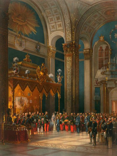 Homenaje de oficiales cosacos en el Salón del Trono, coronación del Zar Alejandro II, Moscú, 1856 de Georg Wilhelm Timm