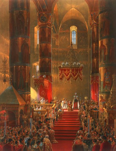 El Metropolitano se arrodilla en la ceremonia de coronación del Zar Alejandro II, Moscú, 1856 de Georg Wilhelm Timm