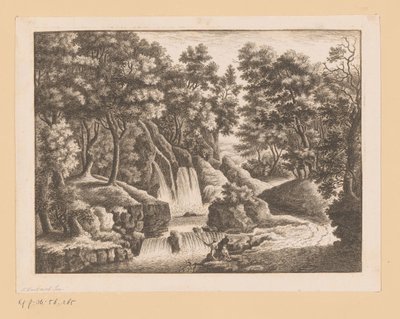 Cascada en el bosque con dos pescadores en primer plano de Georg Wolfgang Knorr (possibly)