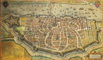 Bélgica, Amberes por Georg Braun y Franz Hogenberg de Civitates Orbis Terrarum, grabado en color de Georg Braun and Hogenberg Franz
