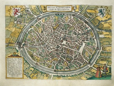 Bélgica, mapa de Brujas del Civitates Orbis Terrarum de Georg Braun y Franz Hogenberg, Colonia, grabado de Georg Braun and Hogenberg Franz