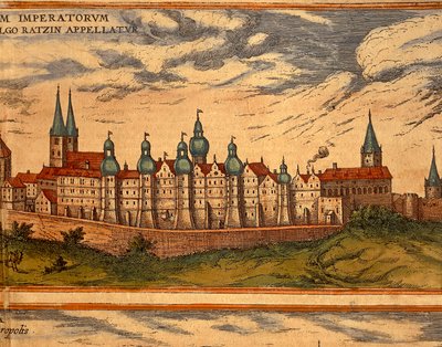 República Checa, Praga, Vista del Palacio, grabado en color del Civitates Orbis Terrarum por Georg Braun (1541-1622) y Franz Hogenberg (1535-1590) de Georg Braun and Hogenberg Franz