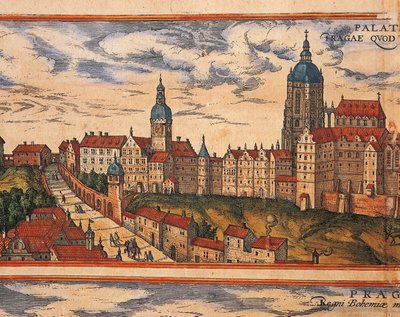 República Checa, Praga, Vista de la ciudadela, grabado en color de Civitates Orbis Terrarum por Georg Braun (1541-1622) y Franz Hogenberg (1535-1590) de Georg Braun and Hogenberg Franz
