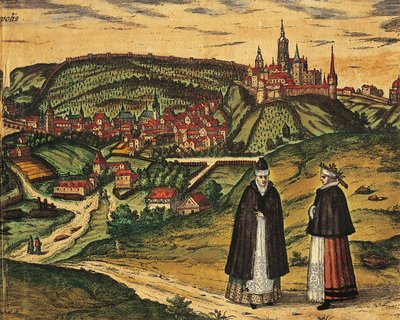 República Checa, Praga, Vista de la ciudad con la ciudadela al fondo, grabado en color de Civitates Orbis Terrarum por Georg Braun (1541-1622) y Franz Hogenberg (1535-1590) de Georg Braun and Hogenberg Franz