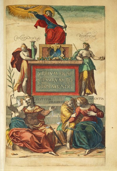 Frontispicio del volumen IV que representa figuras alegóricas de Civitates Orbis Terrarum por Georg Braun de Georg Braun and Hogenberg Franz