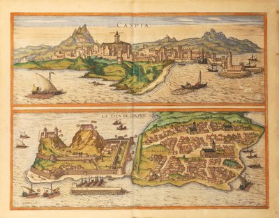 Heraklion, Candia y Corfú del Civitates Orbis Terrarum de Georg Braun de Georg Braun and Hogenberg Franz